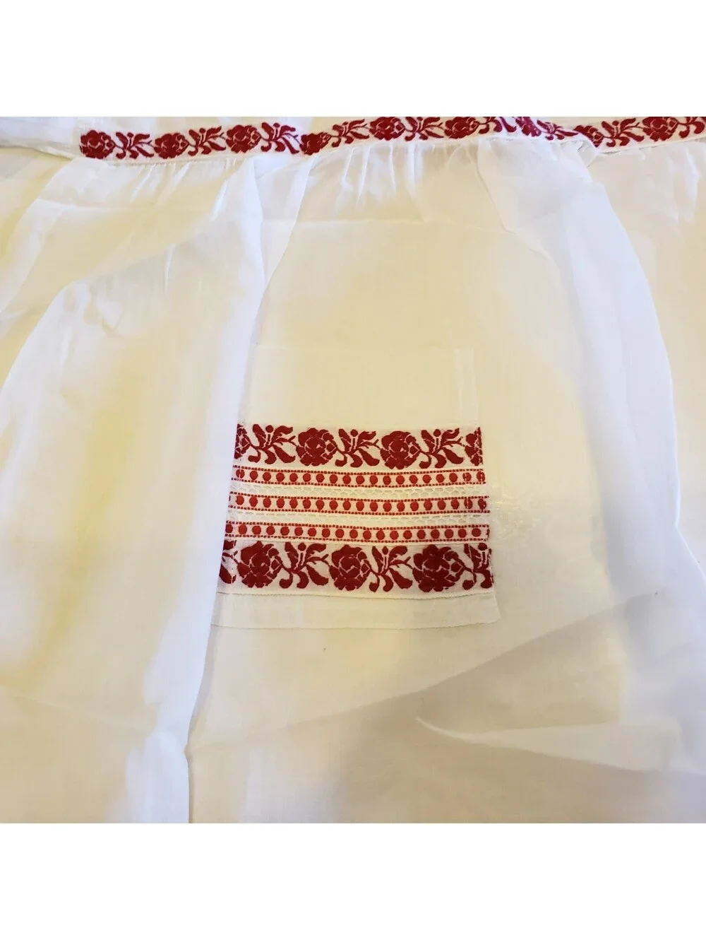 Vintage Chiffon Apron Red Woven Ribbon Lace Accents Pocket Kitsch Organdy